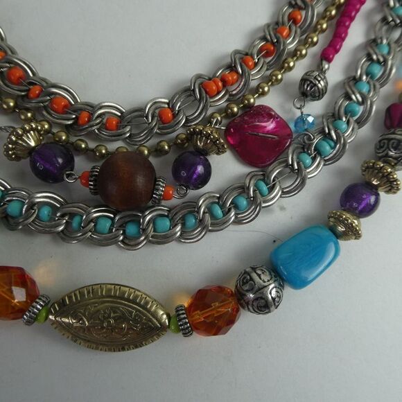 Silver Tone Multi Strand Bib Statement Necklace Beaded Colorful Boho Funky Fun - Picture 4 of 7